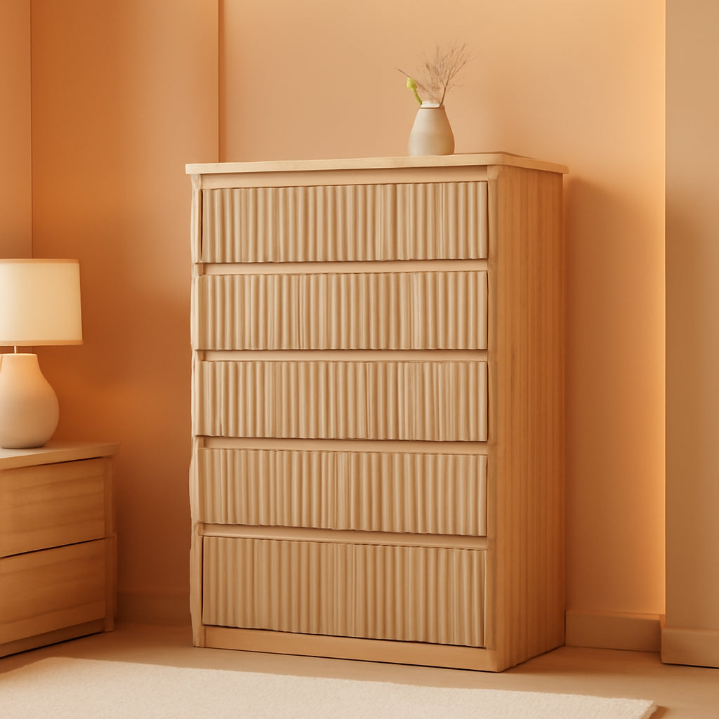 Elegant Oak Fluted Five Drawer Dresser Tall Unit Pro Series