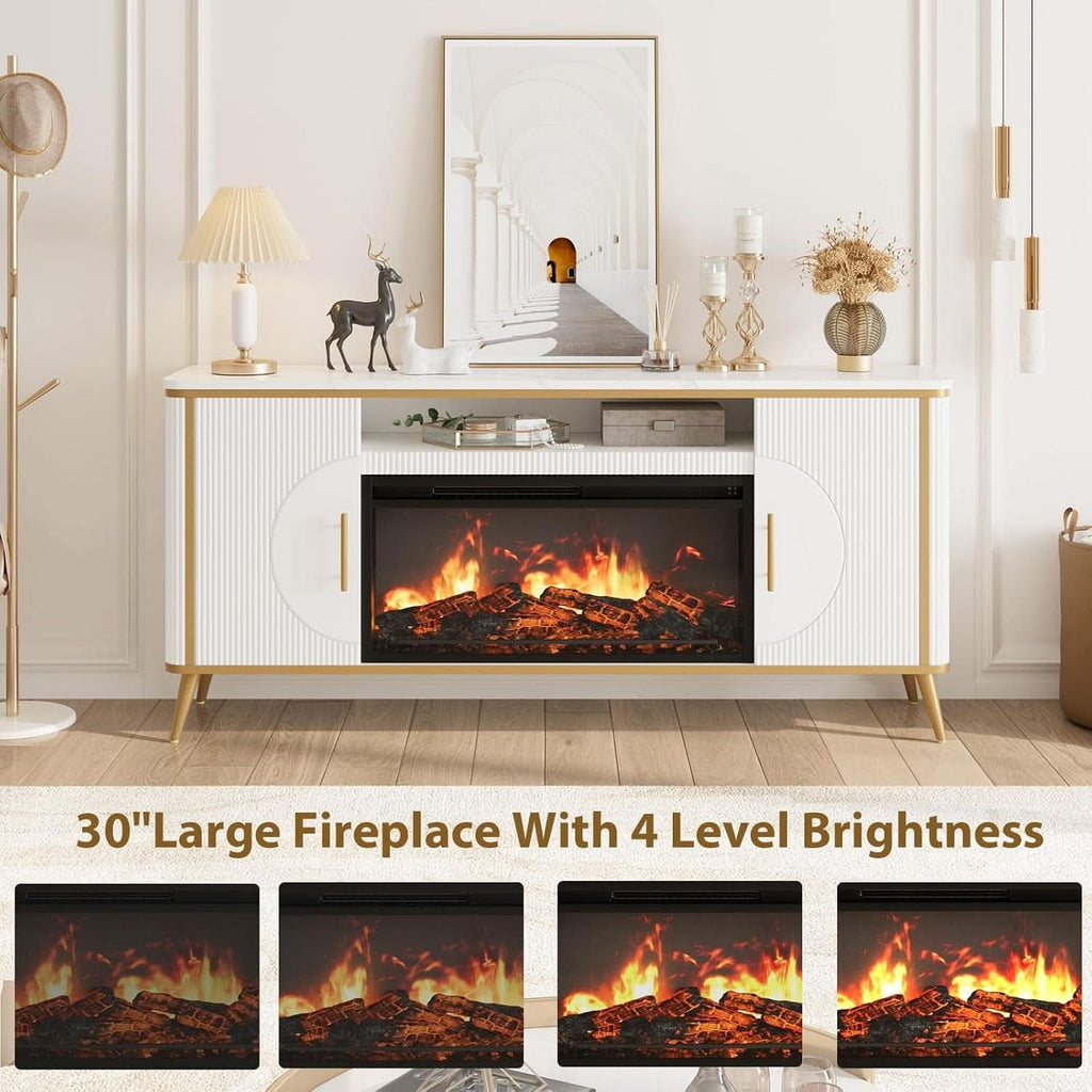 Fluted Electric Fireplace TV Console 80 Inch Arctic White