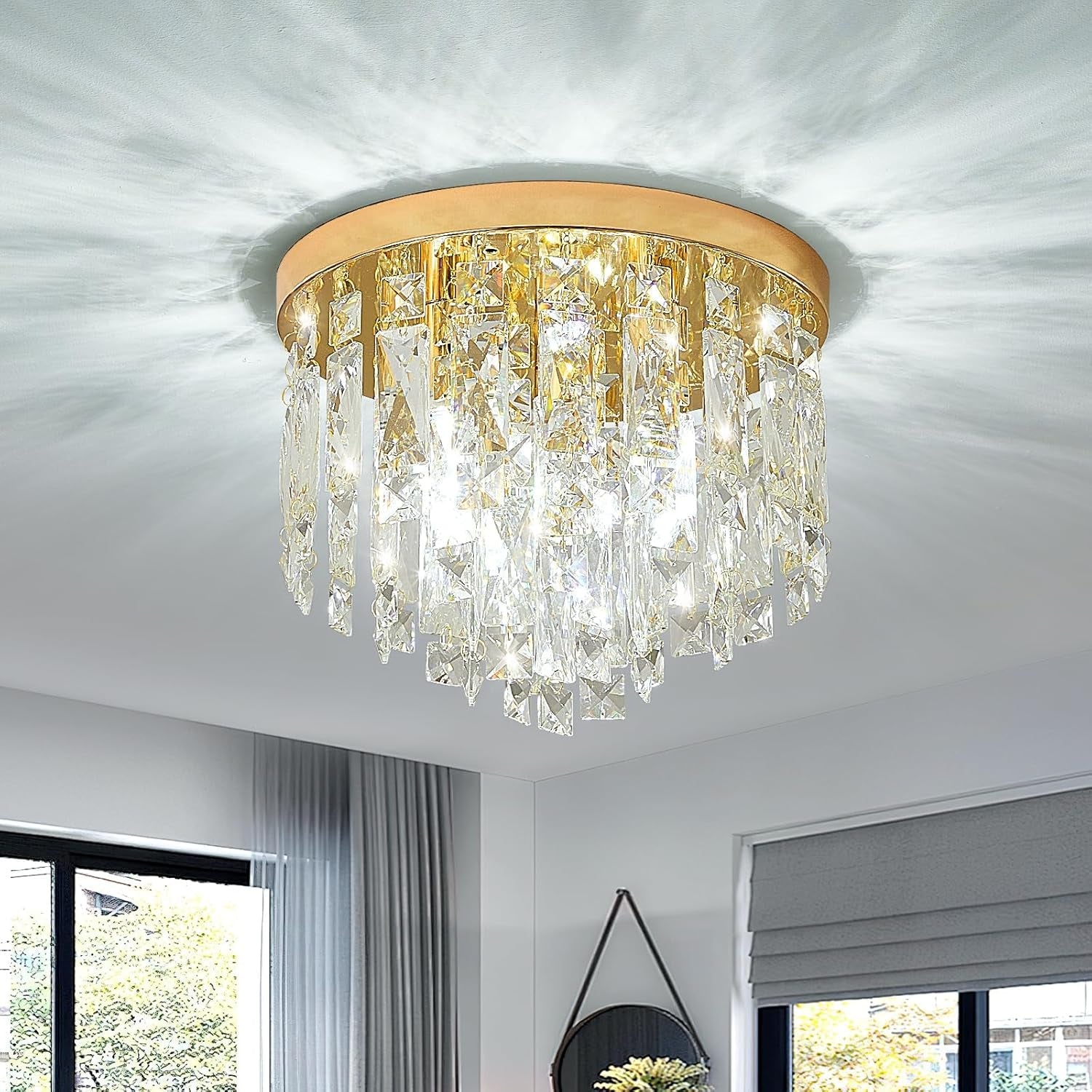 Compact Crystal Chandelier French Gold Ceiling Fixture