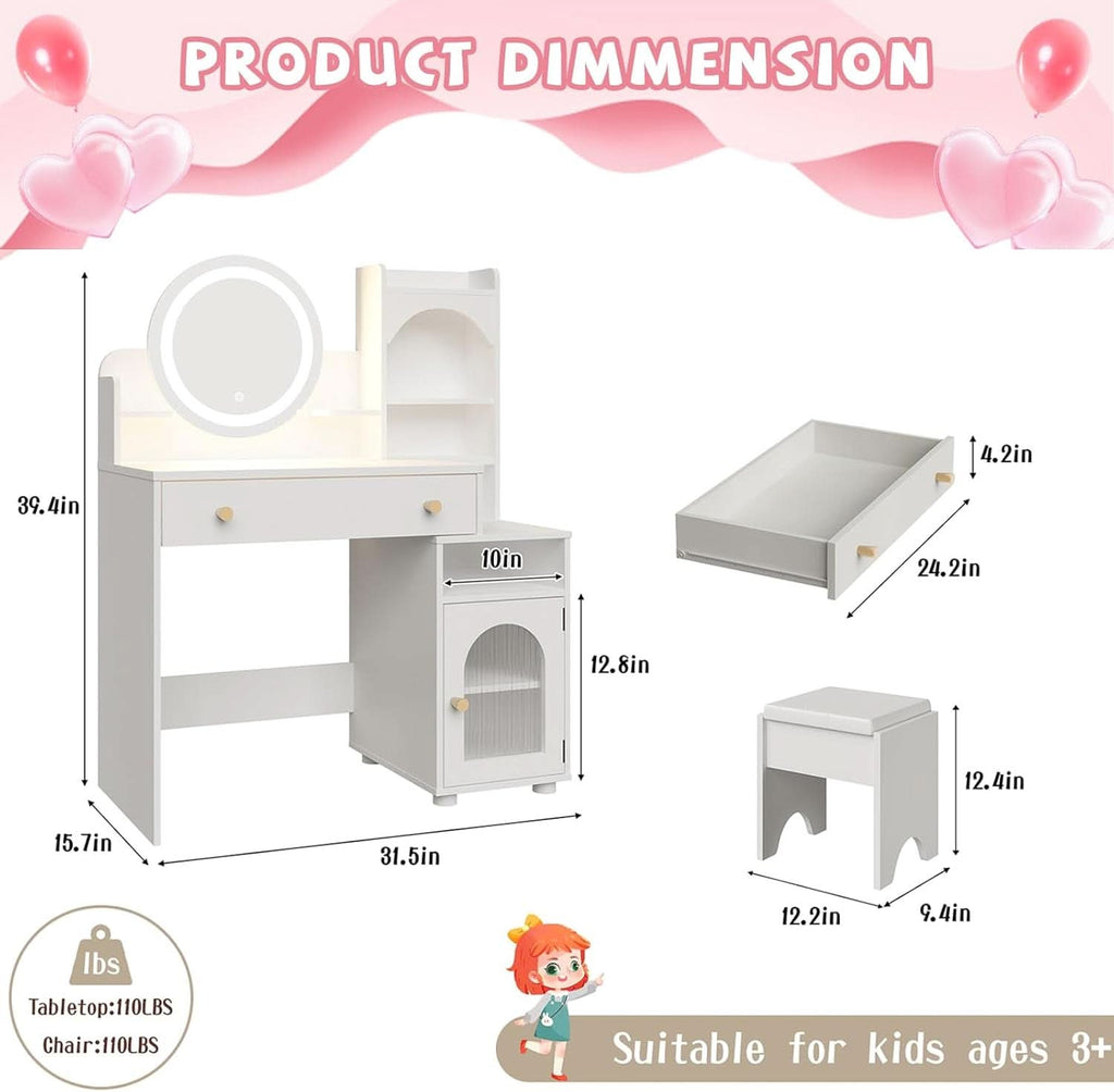 White Kids Premium Vanity Table Illuminated Mirror