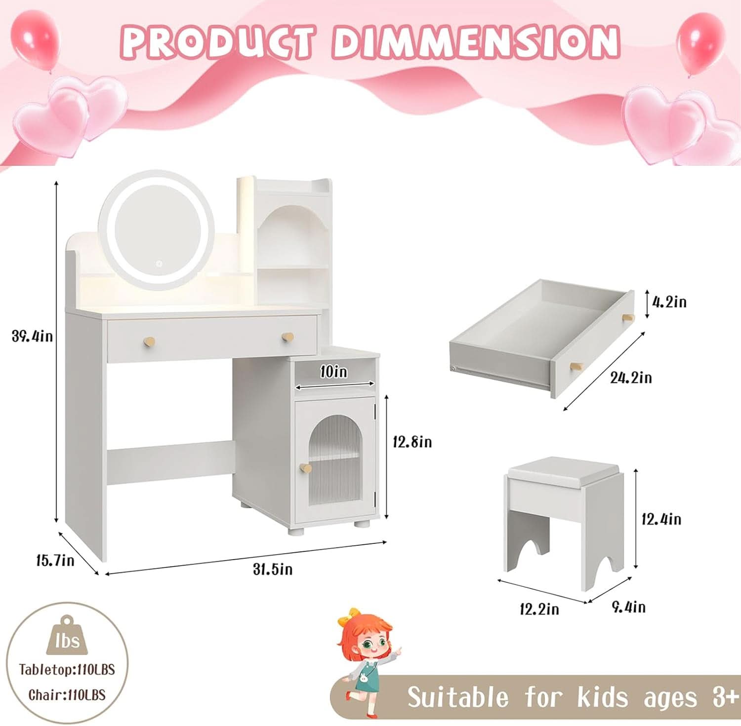 White Kids Premium Vanity Table Illuminated Mirror