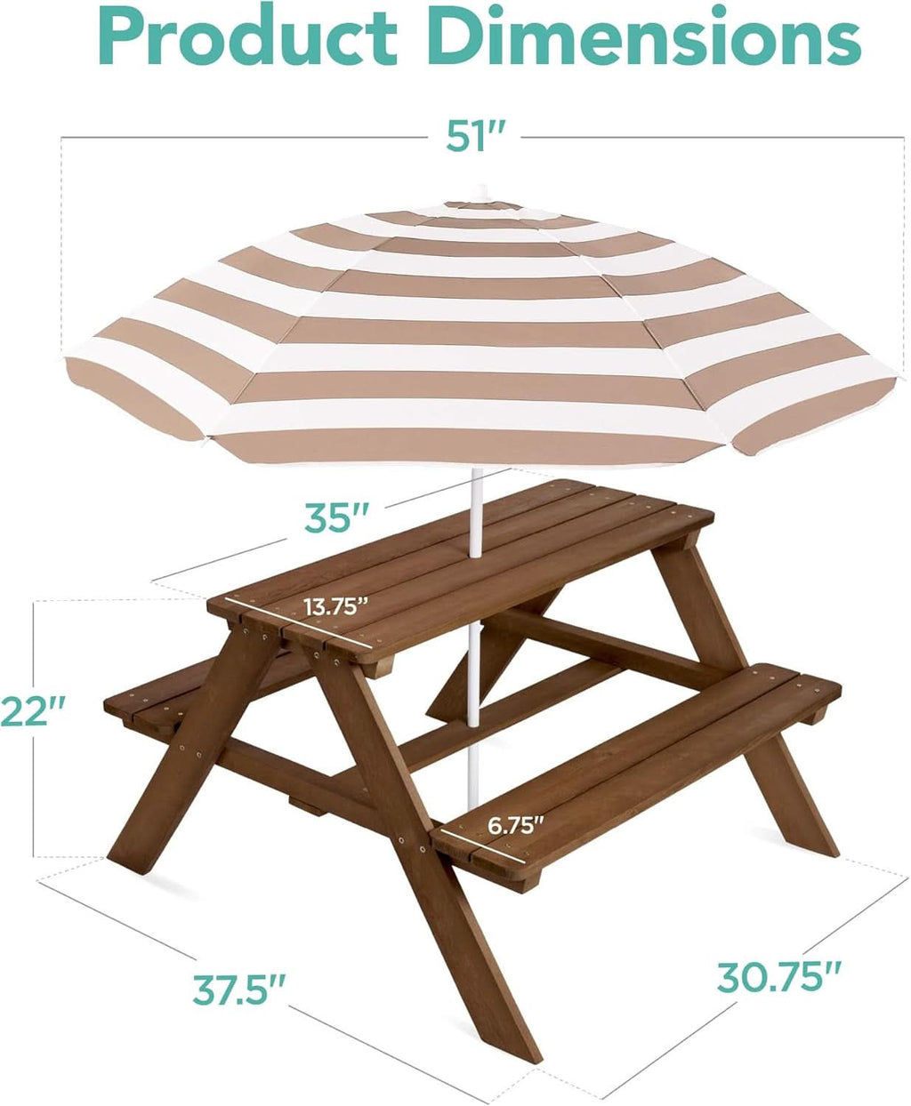 Walnut Wooden Kids Picnic Table With Adjustable Umbrella