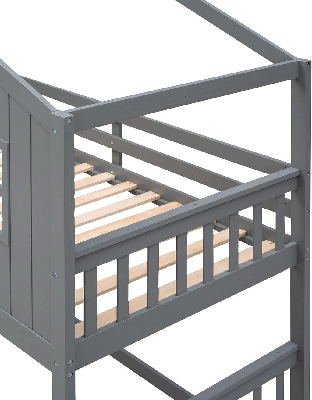 Gray Twin Over Twin House Bunk Bed With Roof For Kids