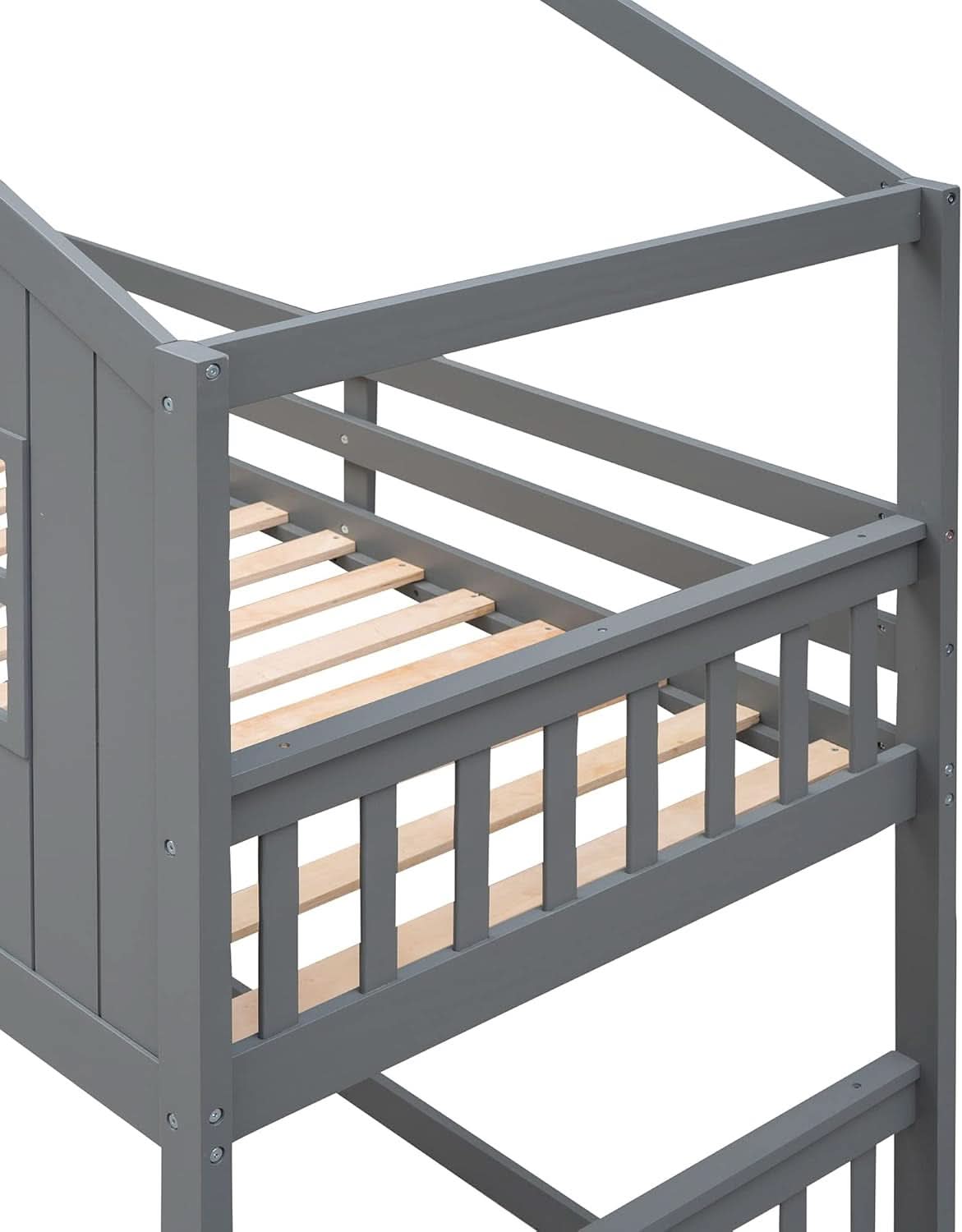 Gray Twin Over Twin House Bunk Bed With Roof For Kids