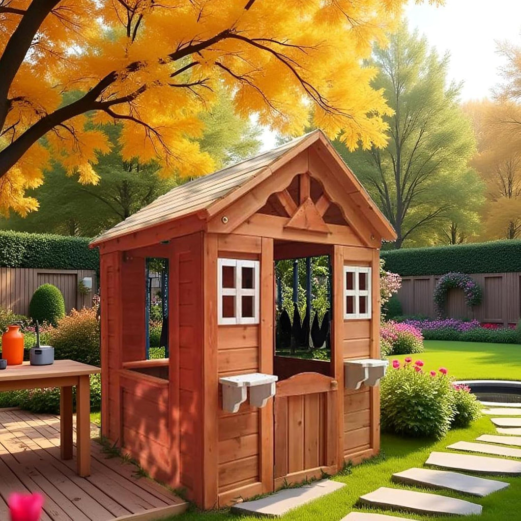 Outdoor Wooden Kids Playhouse With Flowerpot Holder