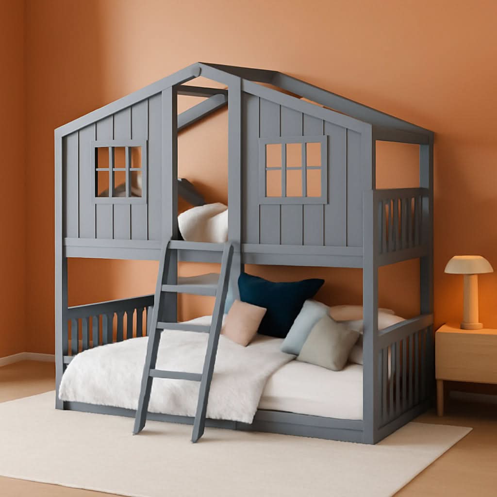 Gray Twin Over Twin House Bunk Bed With Roof For Kids