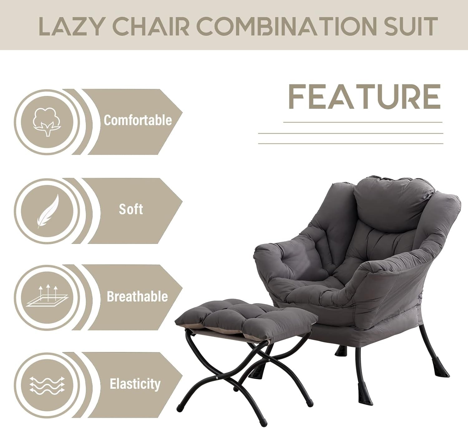 Dark Grey Velveteen Upholstered Ottoman Lounge Chair