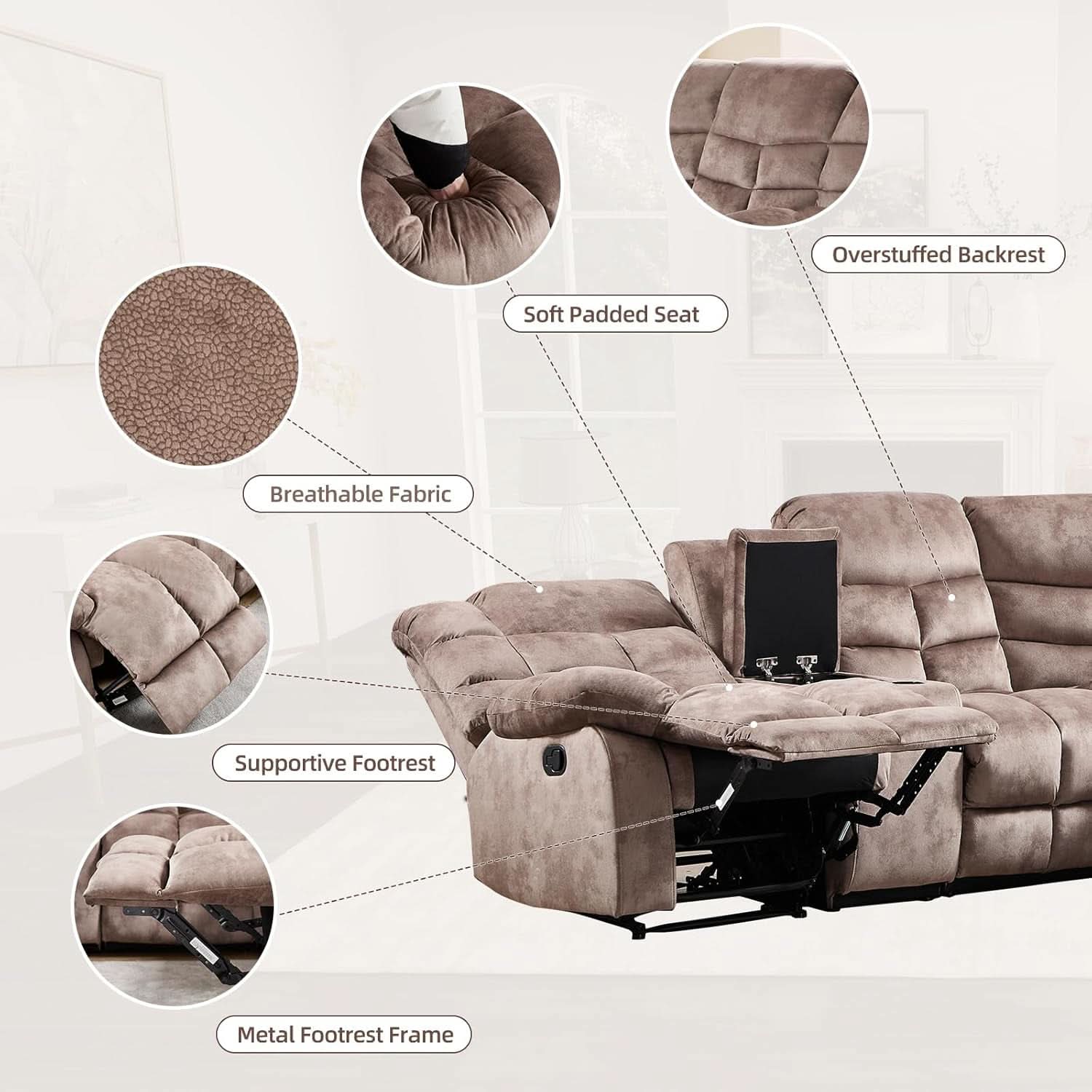 Brown Manual Reclining Sectional Sofa With Cup Holders