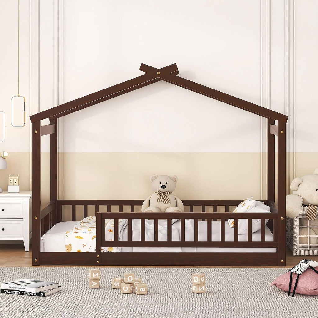 Montessori Floor Twin Bed Kids No Box Spring Walnut Finish