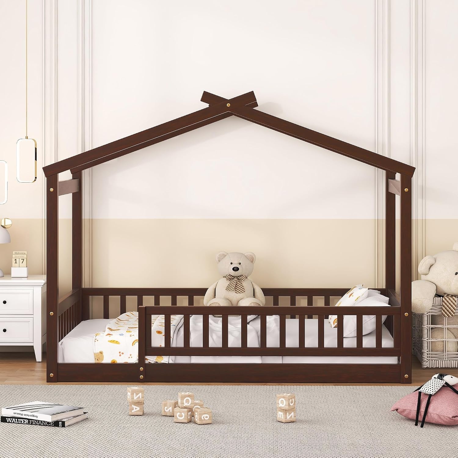 Montessori Floor Twin Bed Kids No Box Spring Walnut Finish
