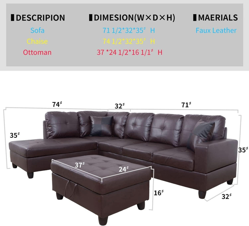 Brown Leather Sectional Sofa Set With Storage Ottoman And Left Facing Chaise