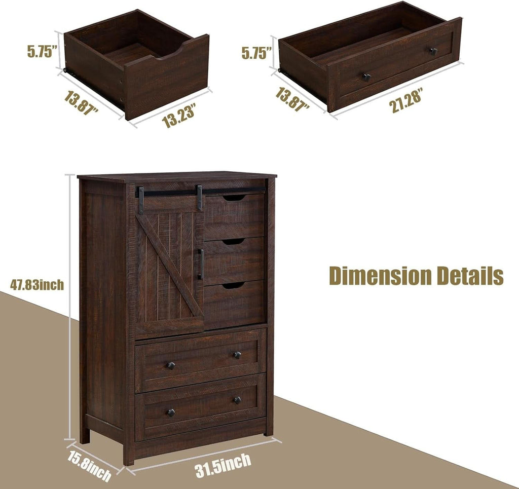 Espresso Dresser With FiveDrawers Sliding Barn Doors