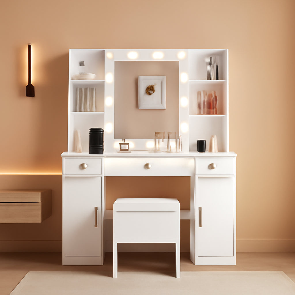 White Vanity Desk With Mirror LED Lighting System With USB Ports