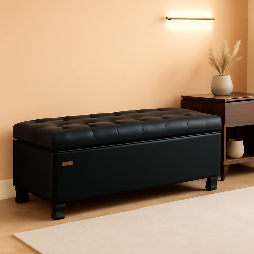 Executive Black Leather Storage Ottoman Bench 46 Inches