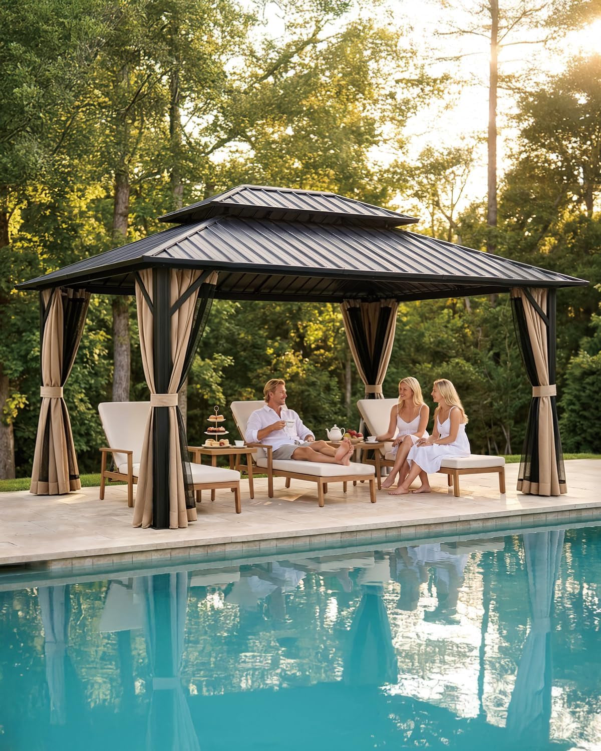 10x12 Hardtop Aluminum Gazebo With Netting Sandstone