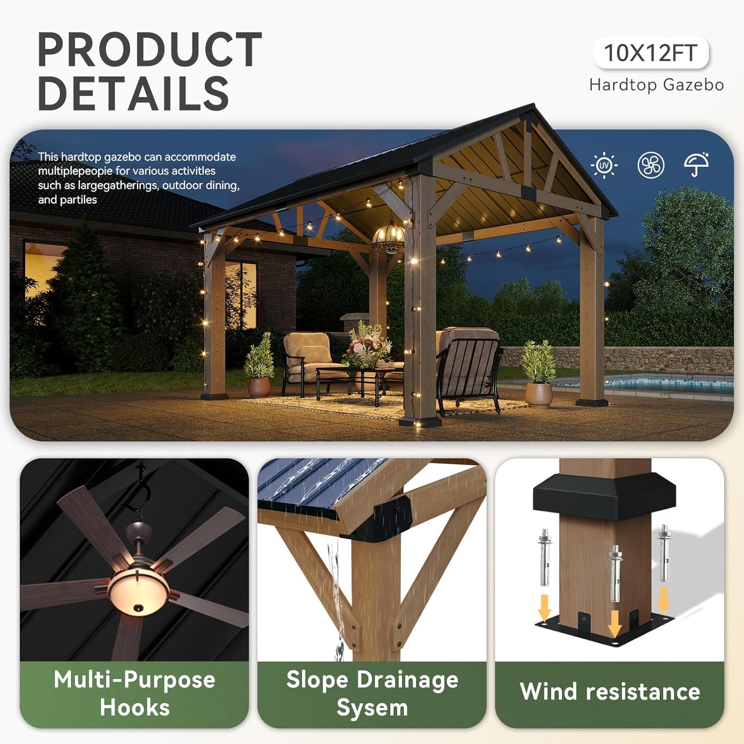 10x12 Outdoor Wooden Gazebo With Weatherproof Roof