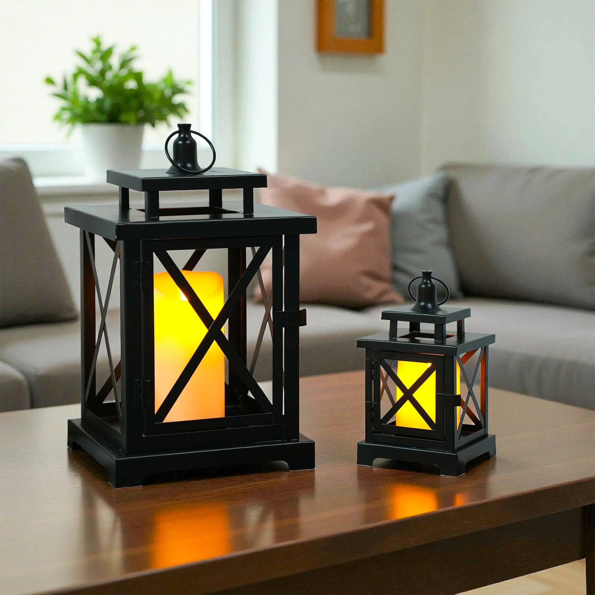 12.5" & 9" H Hanging Candle Lanterns with LED Pillar Candles