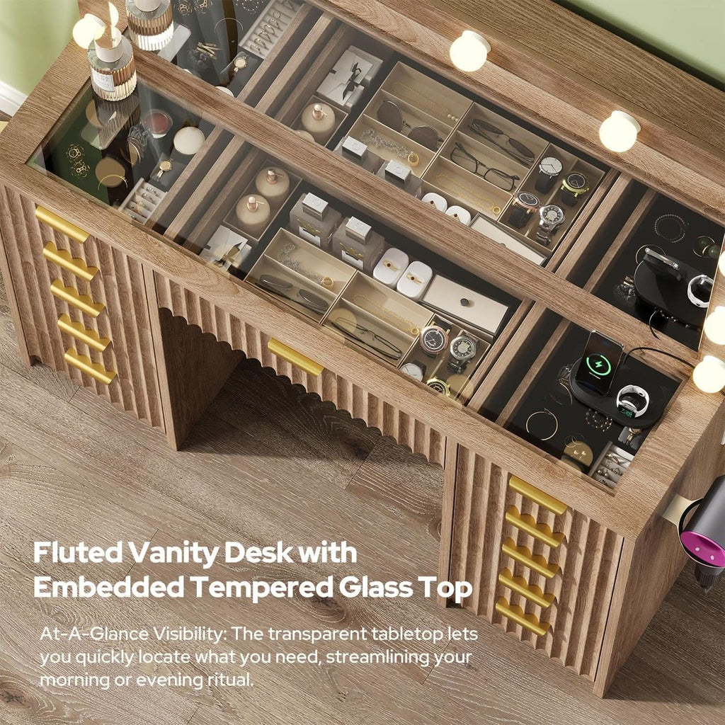 Fluted Makeup Vanity Desk Glass Top Fifteen Drawers LED Natural