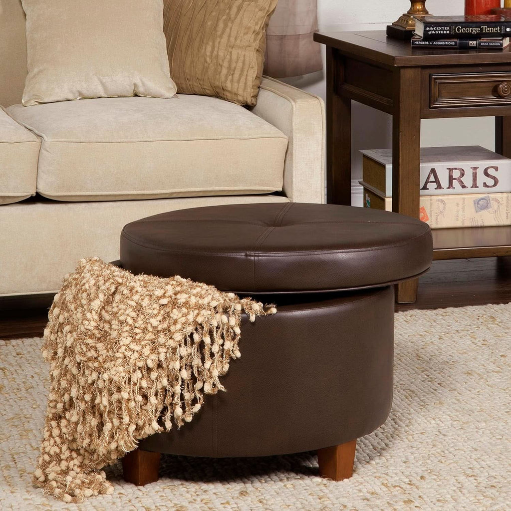 Round Leatherette Storage Ottoman Chocolate Brown Large