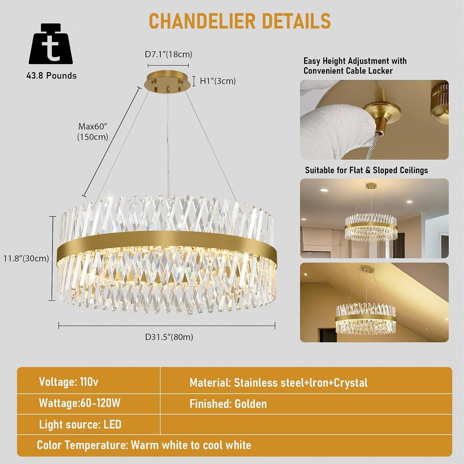 32 Inch Goldtone Crystal Chandelier Luxurious Dining