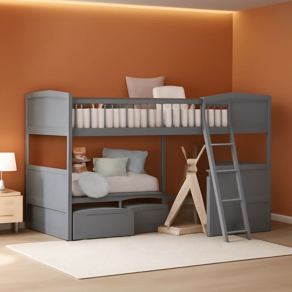 Triple Bunk Bed for Kids L Shaped Solid Wood Gray Twin Size