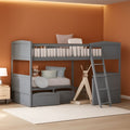 Triple Bunk Bed for Kids L Shaped Solid Wood Gray Twin Size