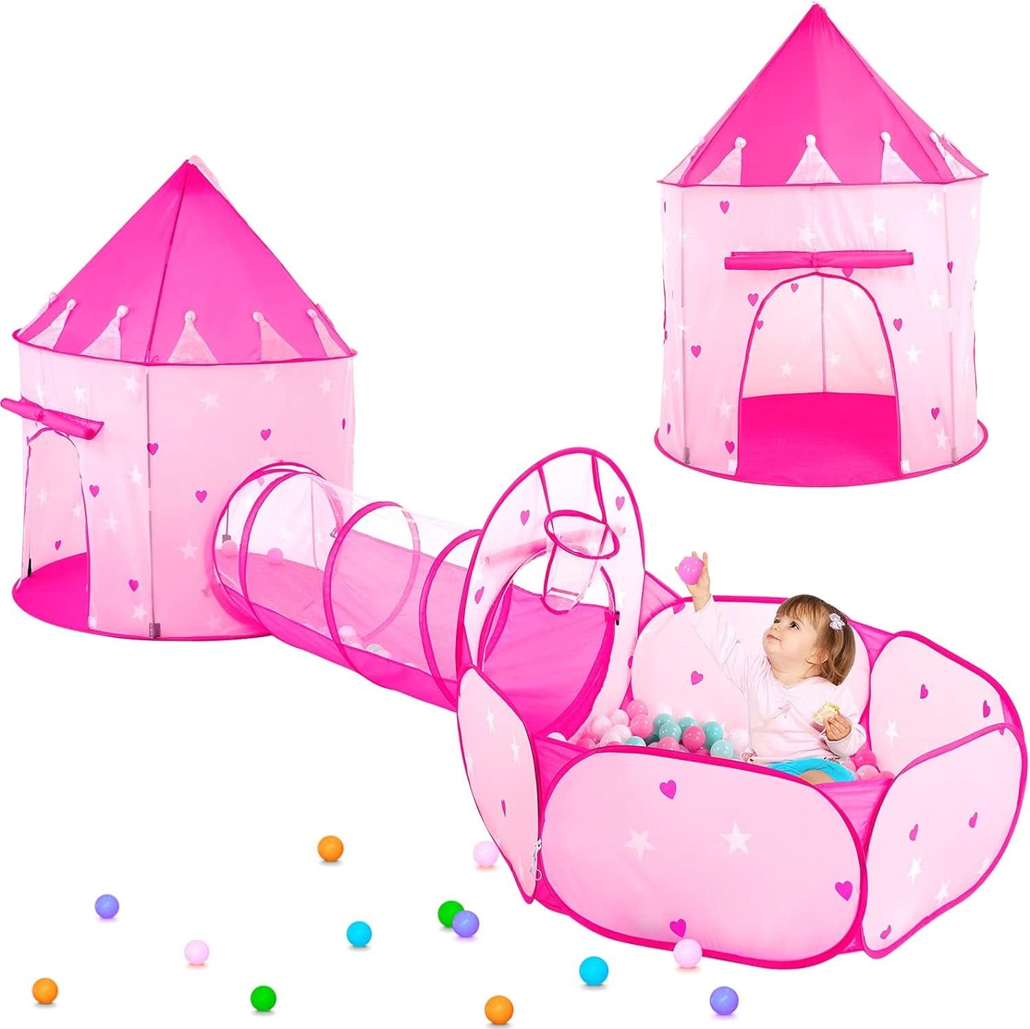 Pink 3in1 Kids Play Tent Set With Ball Pit And Tunnel