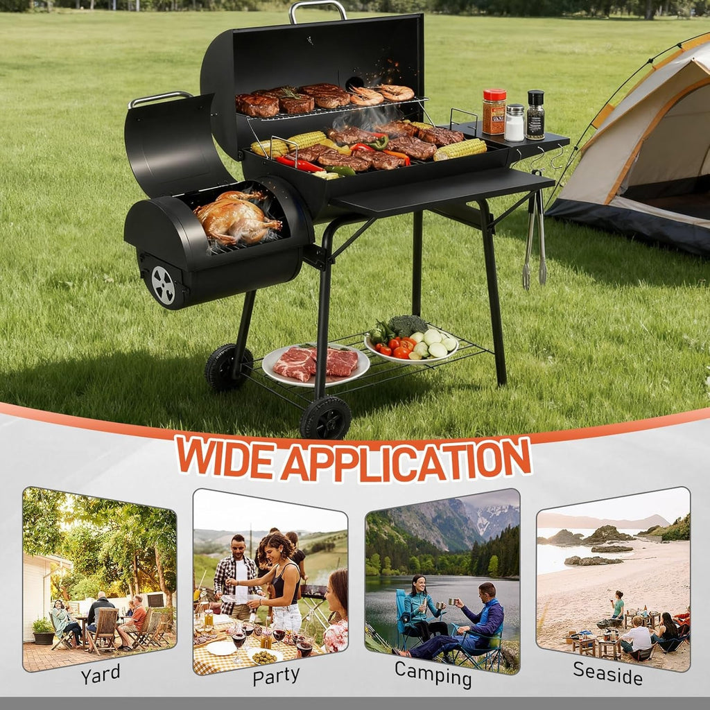 Barrel Charcoal Grill With Offset Smoker Large Capacity