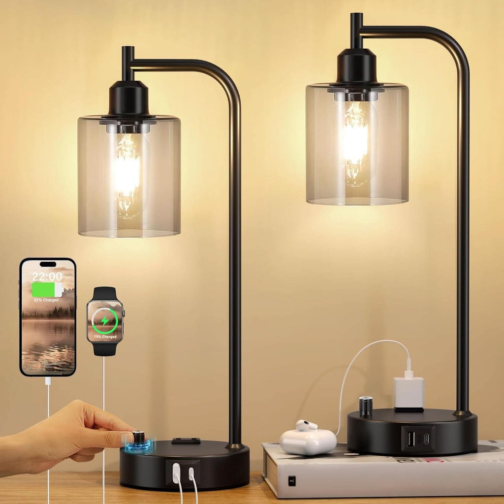 Industrial Desk Lamps 2 Pack Dimmable With USB C Ports