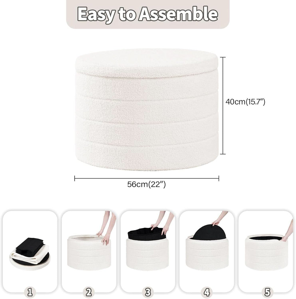 White Round Storage Ottoman Ultra Durable Cozy Elegant
