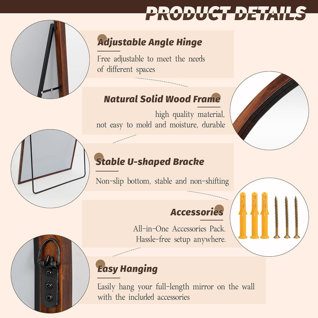 Full Length Floor Mirror Walnut Wood Free standing Unit