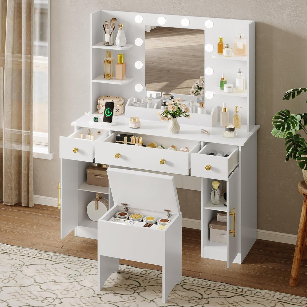 White Vanity Desk With Mirror LED Lighting System With USB Ports