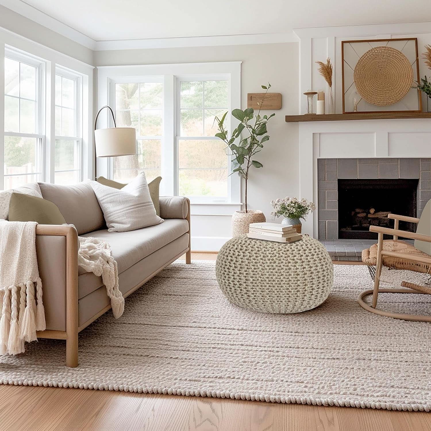 Hand Knitted Tweed Cable Pouf Ottoman, Natural, 20 Inch Diameter