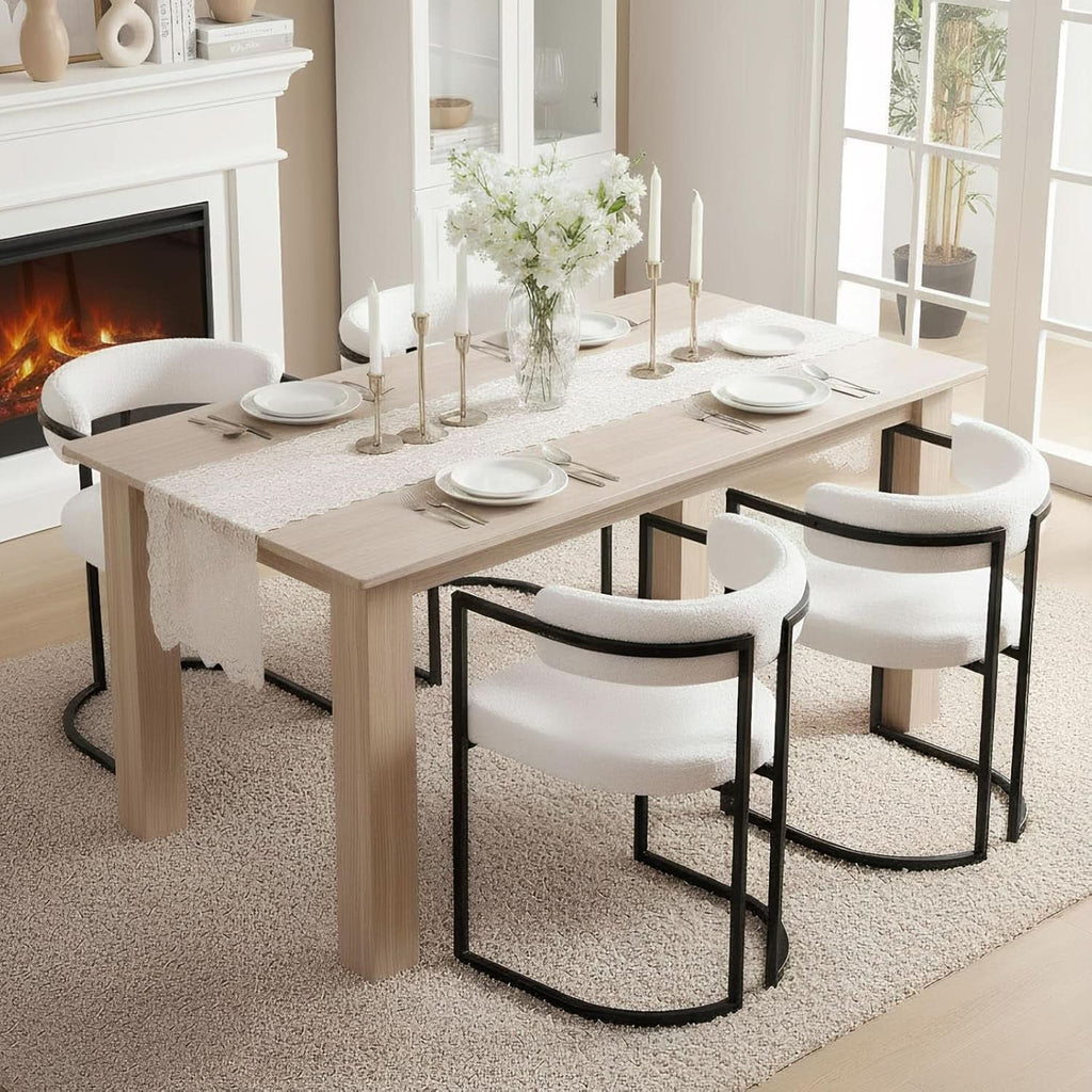 White Sherpa Upholstered Barrel Dining Chairs Pair