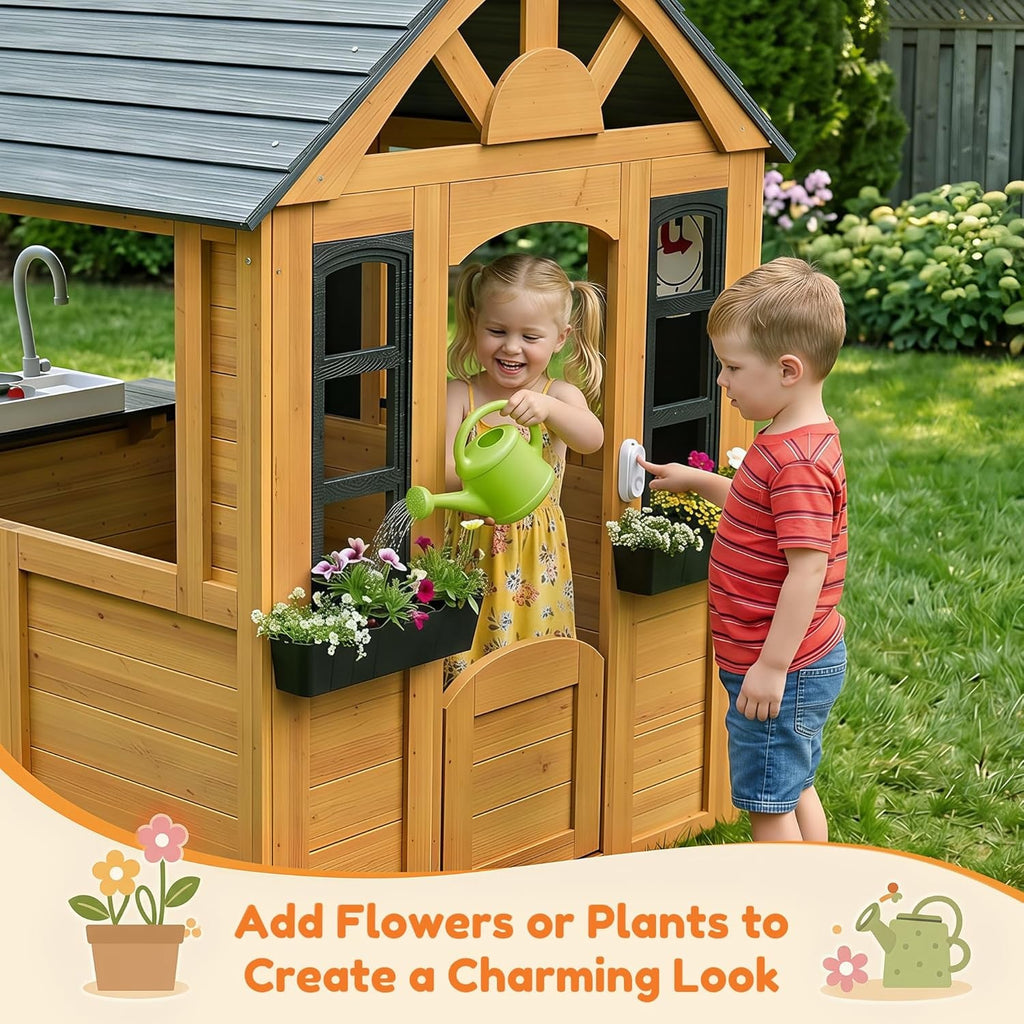 Kids Outdoor Wooden Playhouse With Kitchen Playground
