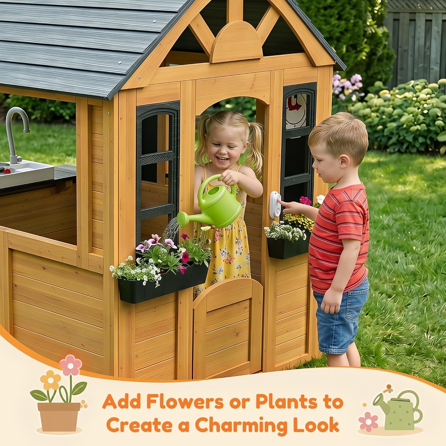 Kids Outdoor Wooden Playhouse With Kitchen Playground