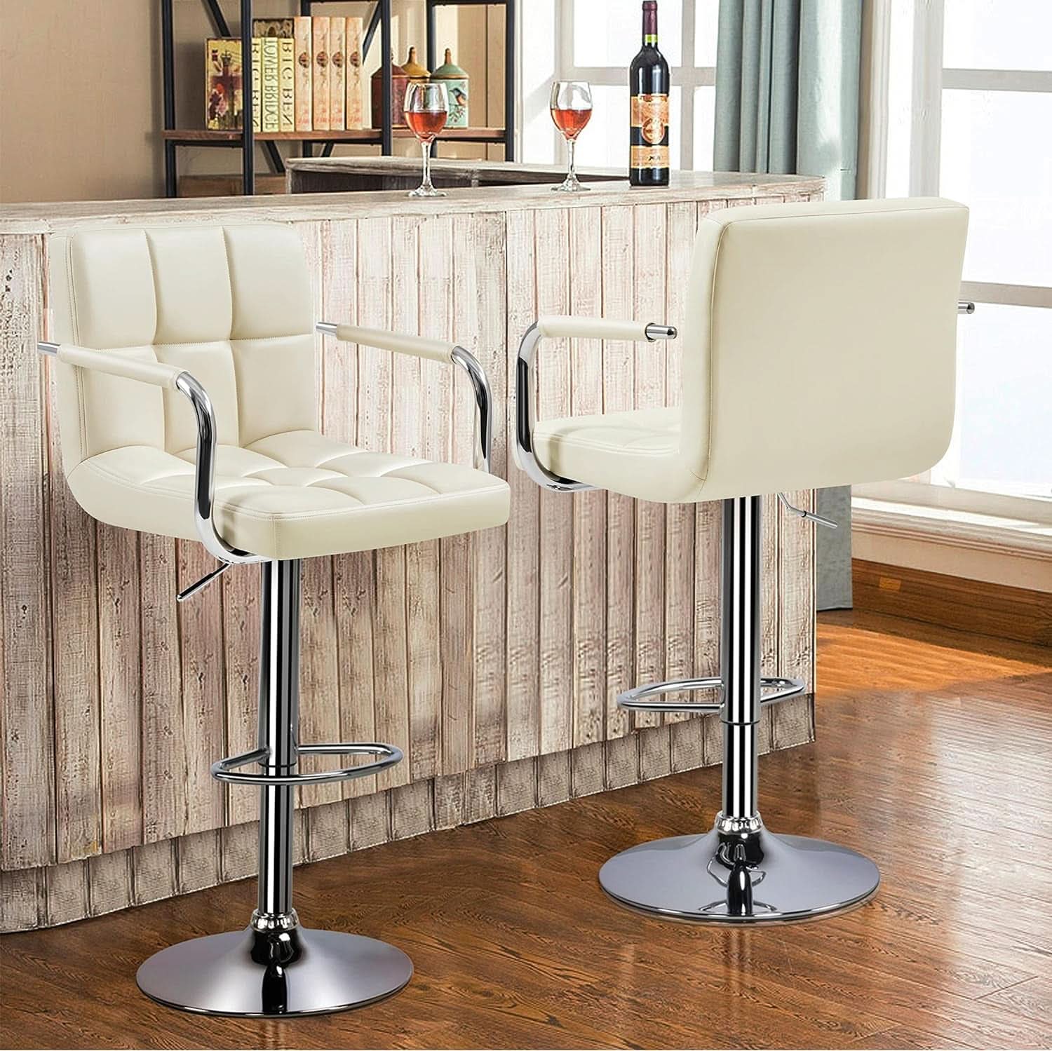 Beige Tall Bar Stools Adjustable Swivel Set Of Two