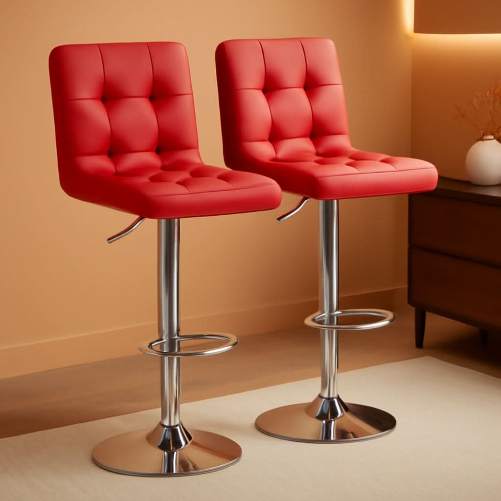 Red Adjustable PU Leather Swivel Bar Stools Set Of 2