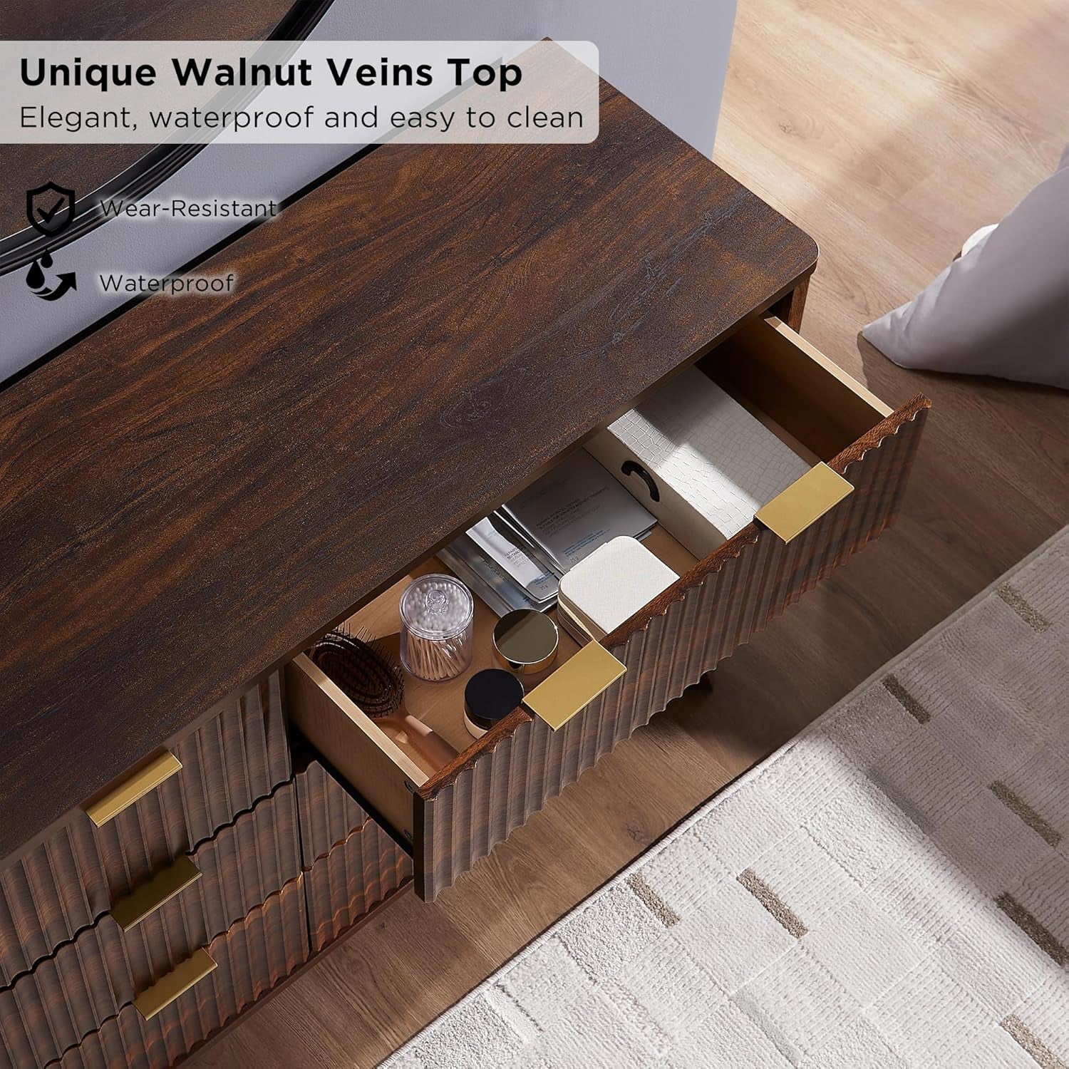 Dark Walnut Contemporary Fluted Six Drawer Dresser