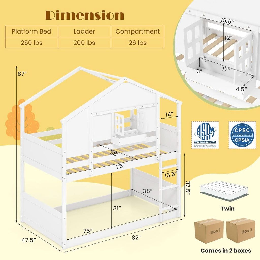 Twin Over Twin White Wood House Bunk Bed For Kids Room