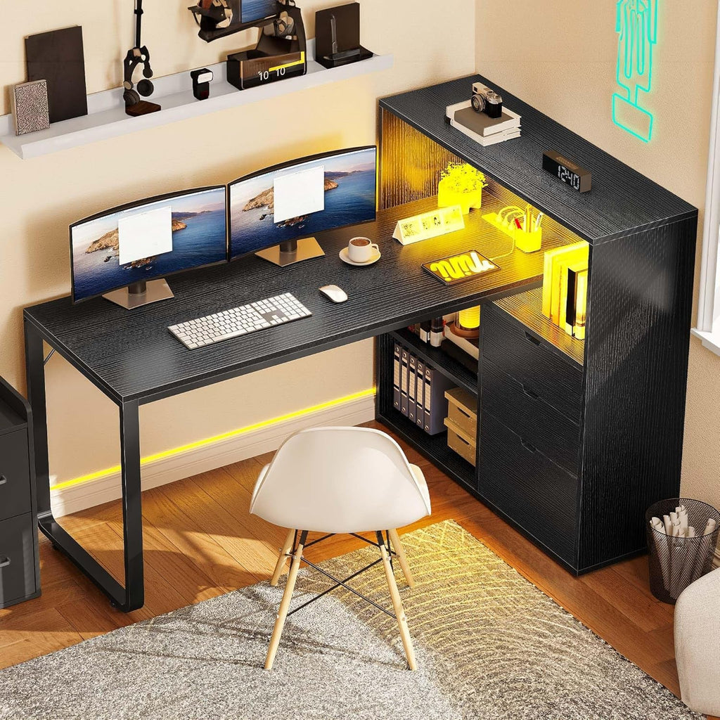 55 Inch L Shaped Desk With Integrated LED Outlets And Shelves
