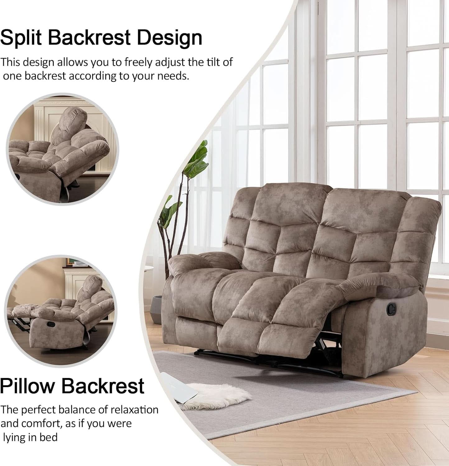 Manual Two Seat Loveseat Recliner Sofa Light Brown