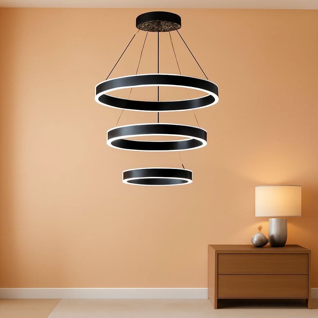 Black Adjustable LED Three Ring Pendant Light Fixture
