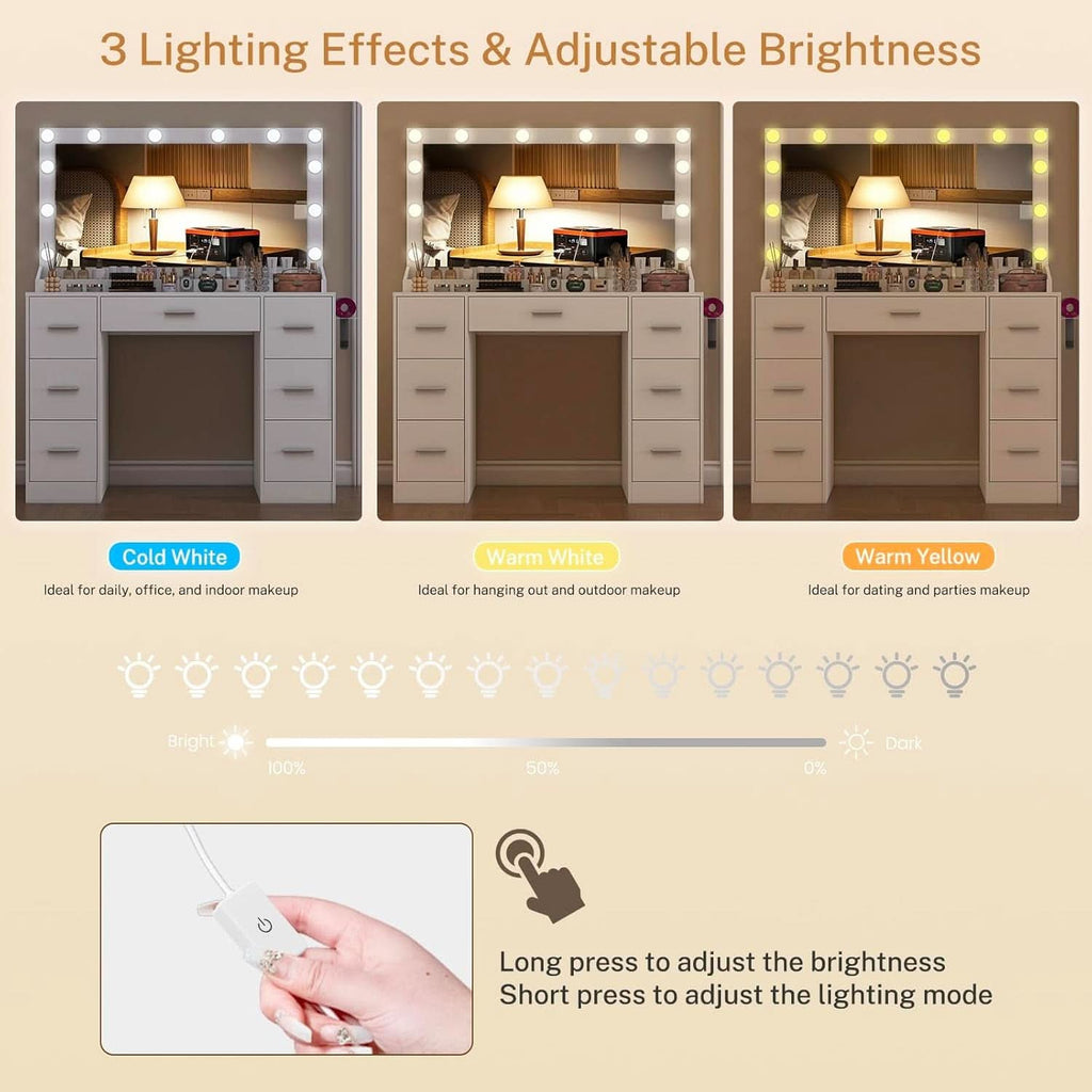 White Vanity Desk With Adjustable Illuminated Mirror