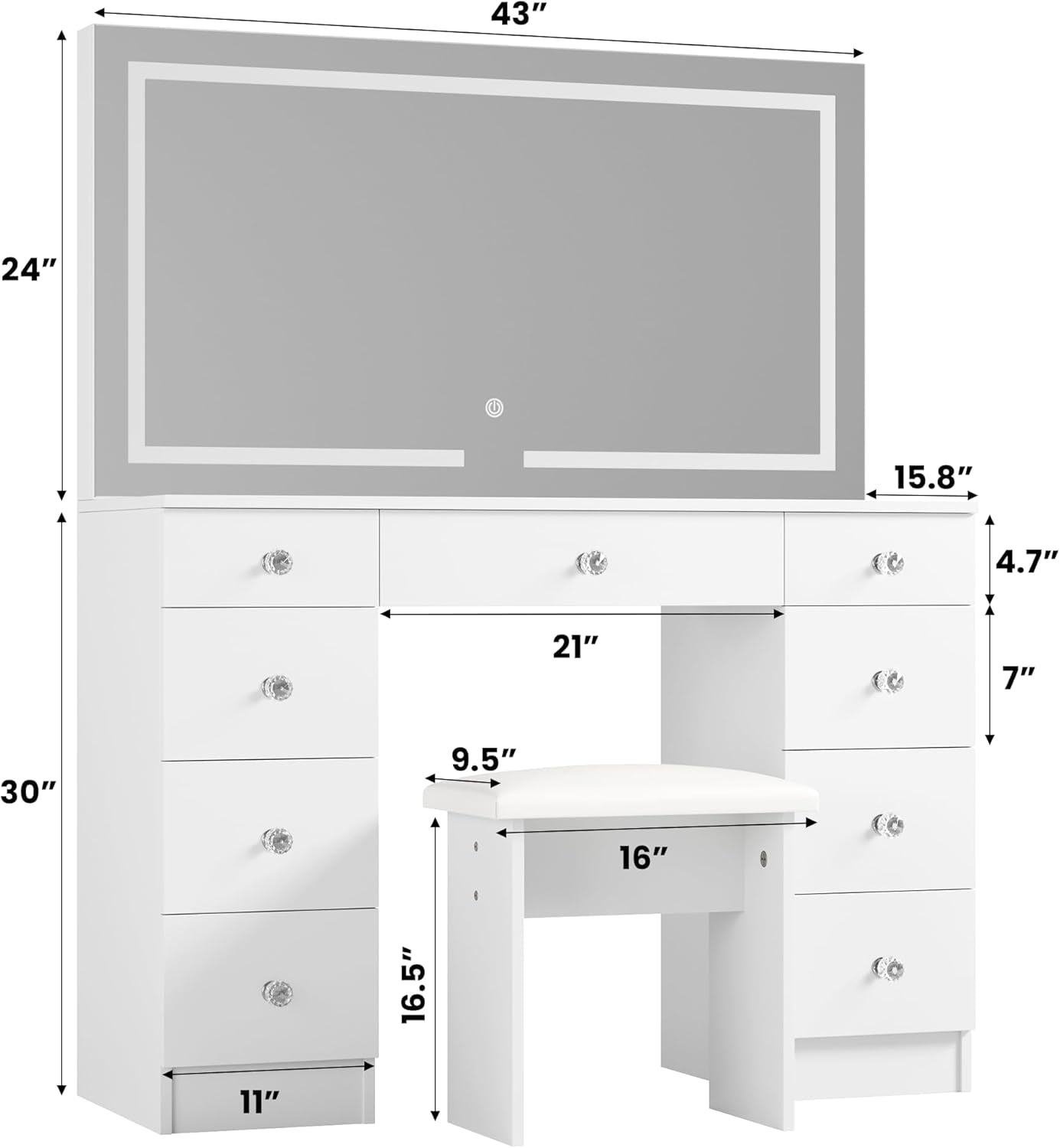 White 43 Inch Makeup Vanity Desk LED Illuminated Mirror