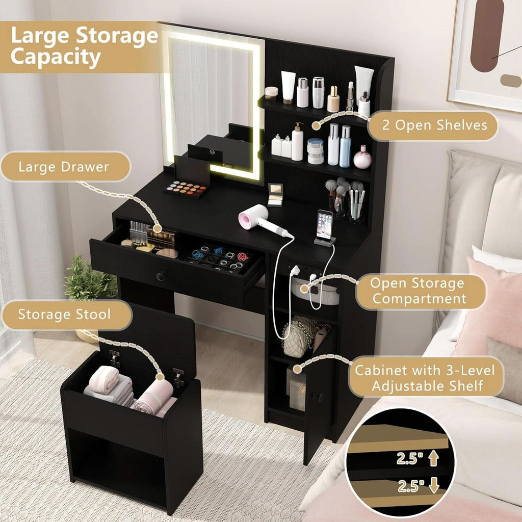 Black Adjustable LED Vanity Desk with Mirror and Charging
