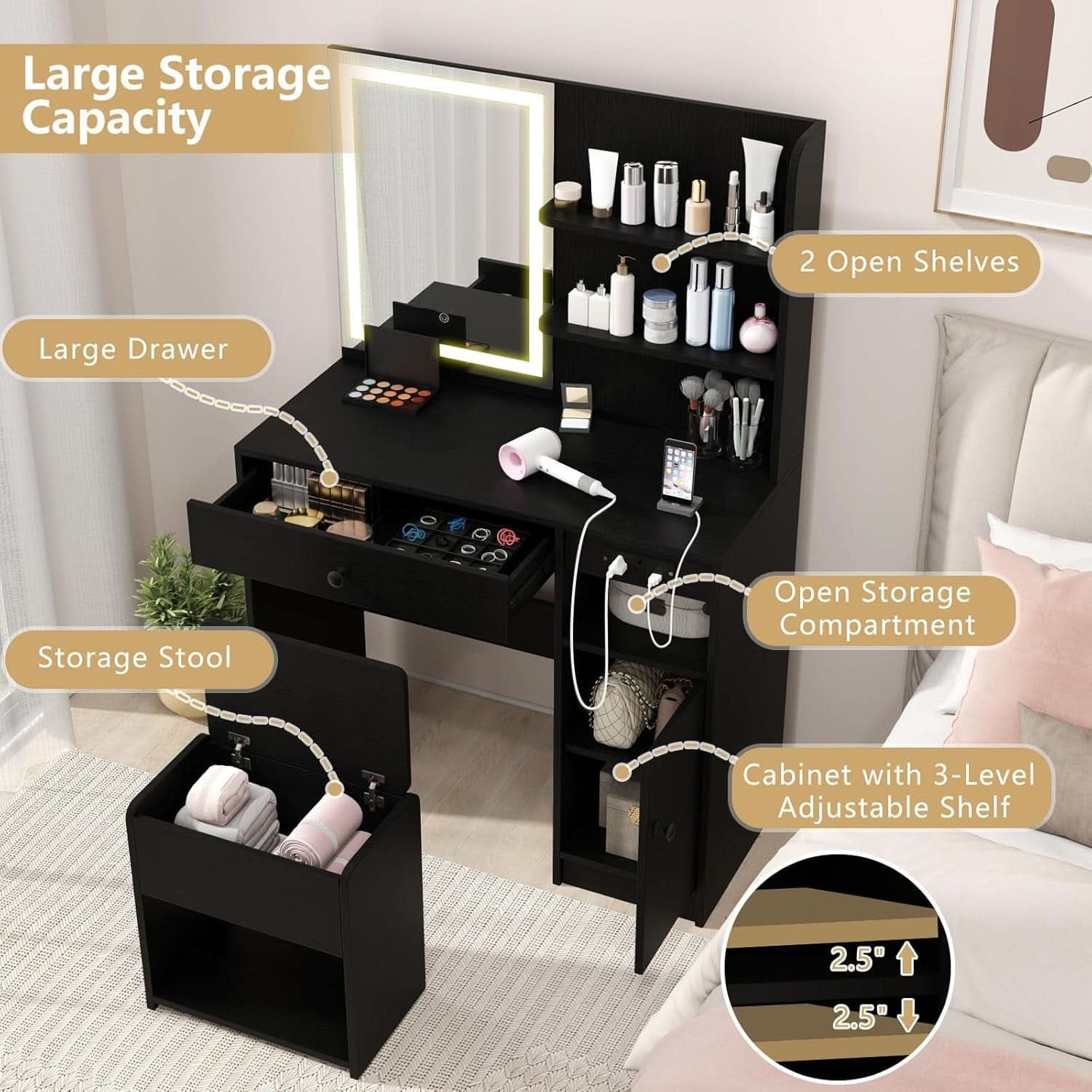 Black Adjustable LED Vanity Desk with Mirror and Charging