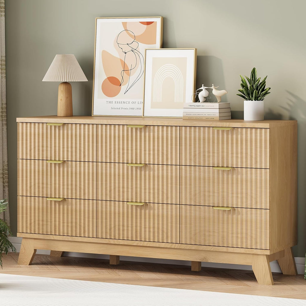 Natural Oak Fluted Textured Dresser With Nine Drawers