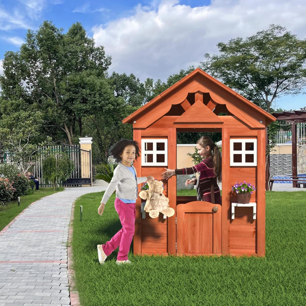 Outdoor Wooden Kids Playhouse With Flowerpot Holder