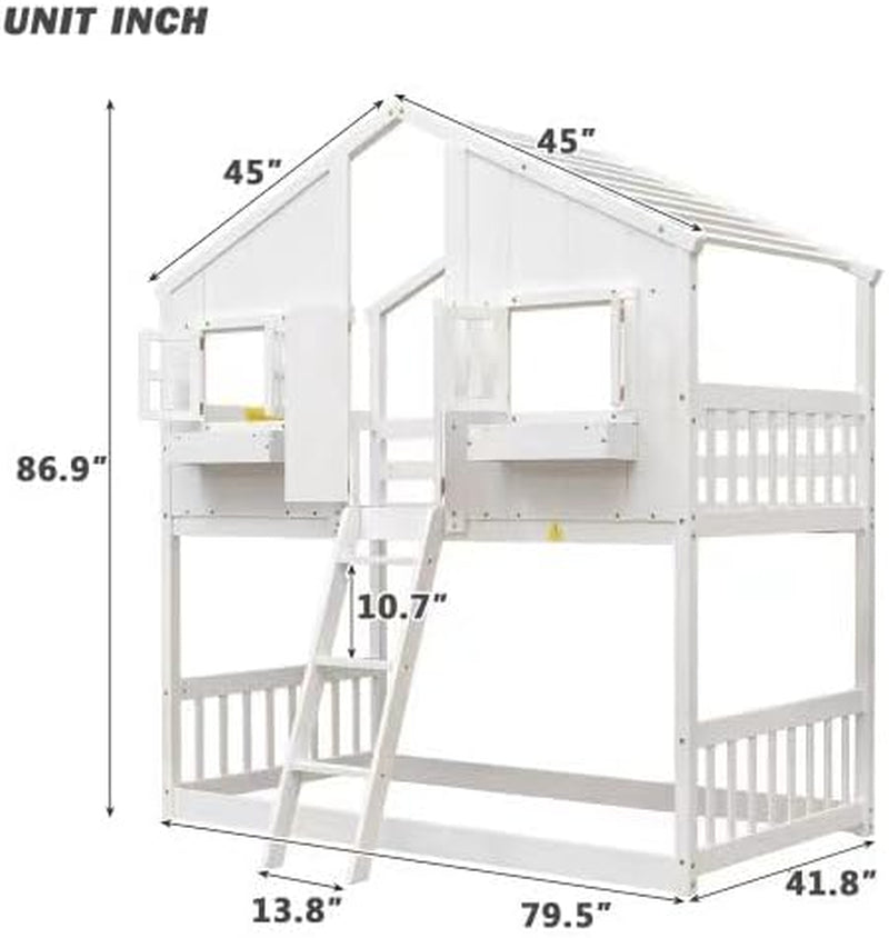 White Solid Wood Playhouse Bunk Bed Twin Over Twin With Roof Kids